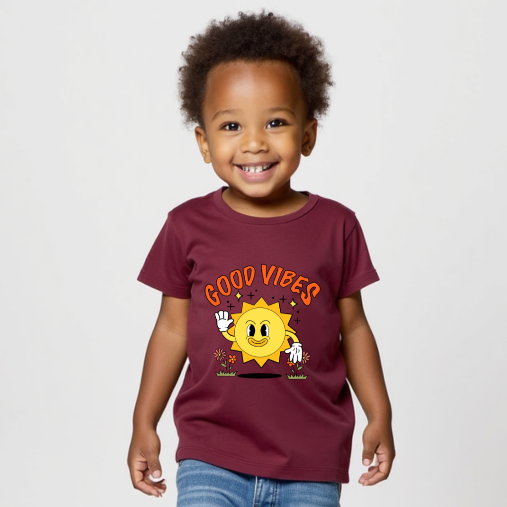 kid wearing good vibes